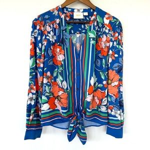 Maeve button  down shirt with v-neck, long sleeves & tie at waist, floral print